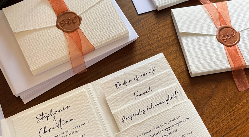 Handmade luxury bespoke design wedding invitations printed on water colour paper 