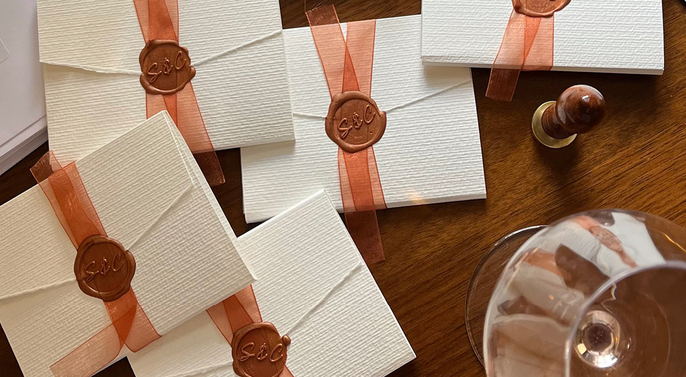 Handmade luxury bespoke design wedding invitations printed on water colour paper 